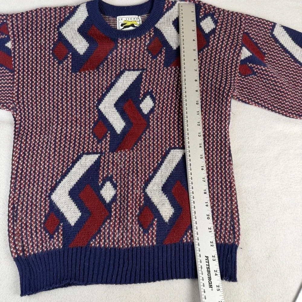 Vintage Le Tigre Mens Medium Geometric Abstract Knit Sweater USA Made Blue Red